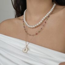 Chic Layered Relief Round Disk Pendant Crystal Pearl Chain Necklace Set - ArtGalleryZen