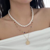 Chic Layered Relief Round Disk Pendant Crystal Pearl Chain Necklace Set - ArtGalleryZen