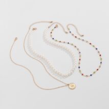 Chic Layered Relief Round Disk Pendant Crystal Pearl Chain Necklace Set - ArtGalleryZen