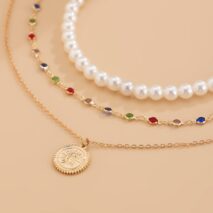 Chic Layered Relief Round Disk Pendant Crystal Pearl Chain Necklace Set - ArtGalleryZen