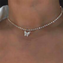 Chic Layered Rhinestone Inlaid Butterfly Initial Letter Pendant Choker Necklace Set - ArtGalleryZen