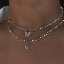 Chic Layered Rhinestone Inlaid Butterfly Initial Letter Pendant Choker Necklace Set - ArtGalleryZen