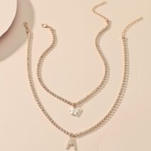 Chic Layered Rhinestone Inlaid Butterfly Initial Letter Pendant Choker Necklace Set - ArtGalleryZen
