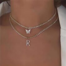 Chic Layered Rhinestone Inlaid Butterfly Initial Letter Pendant Choker Necklace Set - ArtGalleryZen