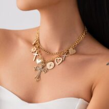 chic layered rhinestone inlaid cross heart pendant necklace-artgalleryzen