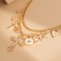 chic layered rhinestone inlaid cross heart pendant necklace-artgalleryzen