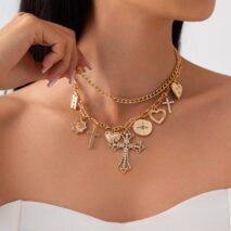 chic layered rhinestone inlaid cross heart pendant necklace-artgalleryzen