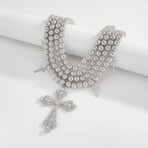 Chic Layered Rhinestone Inlaid Cross Pendant Ball Chain Necklace - ArtGalleryZen