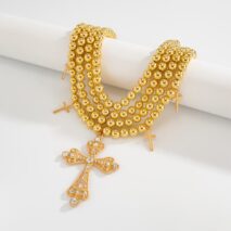 Chic Layered Rhinestone Inlaid Cross Pendant Ball Chain Necklace - ArtGalleryZen