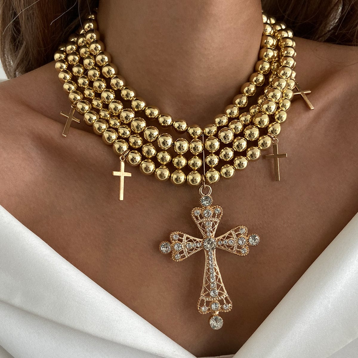 Chic Layered Rhinestone Inlaid Cross Pendant Ball Chain Necklace - ArtGalleryZen