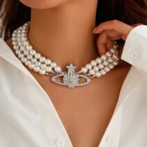 Chic Layered Rhinestone Inlaid Saturn Charm Pearl Chain Choker Necklace - ArtGalleryZen