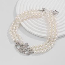 Chic Layered Rhinestone Inlaid Saturn Charm Pearl Chain Choker Necklace - ArtGalleryZen