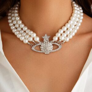 Chic Layered Rhinestone Inlaid Saturn Charm Pearl Chain Choker Necklace - ArtGalleryZen