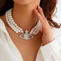 Chic Layered Rhinestone Inlaid Saturn Charm Pearl Chain Choker Necklace - ArtGalleryZen