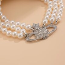 Chic Layered Rhinestone Inlaid Saturn Charm Pearl Chain Choker Necklace - ArtGalleryZen