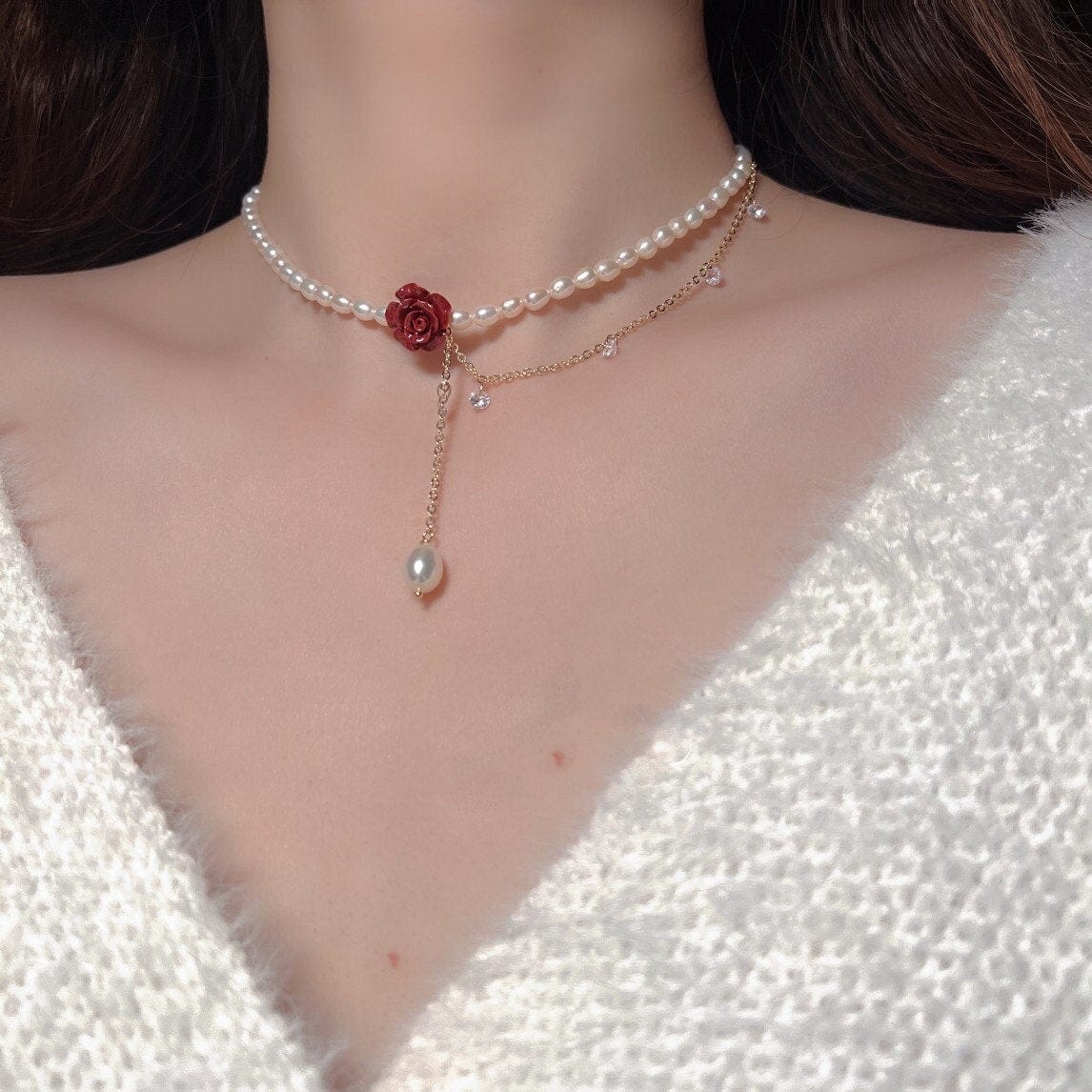 Chic Layered Rhinestone Tassel Rose Pearl Chain Choker Necklace - ArtGalleryZen
