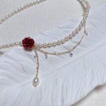 Chic Layered Rhinestone Tassel Rose Pearl Chain Choker Necklace - ArtGalleryZen