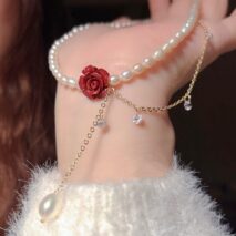 Chic Layered Rhinestone Tassel Rose Pearl Chain Choker Necklace - ArtGalleryZen