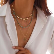 Chic Layered Round Disk Pendant Turquoise Chain Necklace Set - ArtGalleryZen