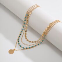 Chic Layered Round Disk Pendant Turquoise Chain Necklace Set - ArtGalleryZen