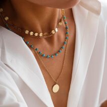 Chic Layered Round Disk Pendant Turquoise Chain Necklace Set - ArtGalleryZen