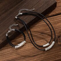 Chic Layered Textured Cylinder Charm Wax Cord String Necklace Bracelet Set - ArtGalleryZen