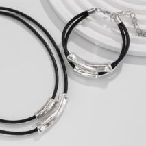 Chic Layered Textured Cylinder Charm Wax Cord String Necklace Bracelet Set - ArtGalleryZen