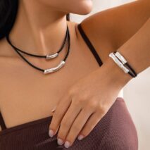 Chic Layered Textured Cylinder Charm Wax Cord String Necklace Bracelet Set - ArtGalleryZen