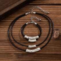Chic Layered Textured Cylinder Charm Wax Cord String Necklace Bracelet Set - ArtGalleryZen