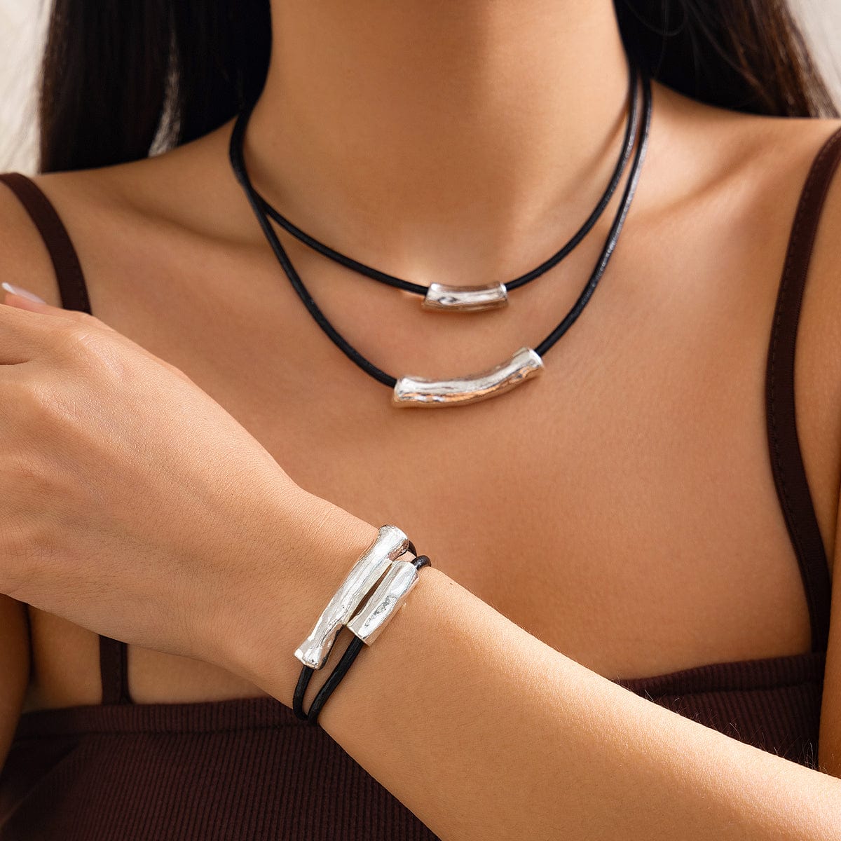 Chic Layered Textured Cylinder Charm Wax Cord String Necklace Bracelet Set - ArtGalleryZen