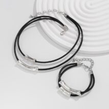 Chic Layered Textured Cylinder Charm Wax Cord String Necklace Bracelet Set - ArtGalleryZen