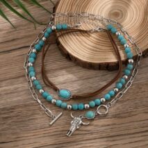 Chic Layered Toggle Clasp Bull Pendant Turquoise Chain Velvet Necklace Set - ArtGalleryZen
