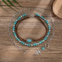 Chic Layered Toggle Clasp Bull Pendant Turquoise Chain Velvet Necklace Set - ArtGalleryZen