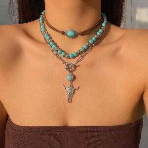 Chic Layered Toggle Clasp Bull Pendant Turquoise Chain Velvet Necklace Set - ArtGalleryZen