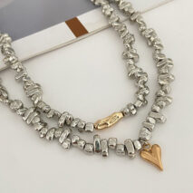 Chic Layered Two Tone Heart Charm Irregular Beaded Choker Necklace Set - ArtGalleryZen