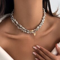 Chic Layered Two Tone Heart Charm Irregular Beaded Choker Necklace Set - ArtGalleryZen