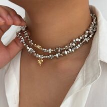 Chic Layered Two Tone Heart Charm Irregular Beaded Choker Necklace Set - ArtGalleryZen