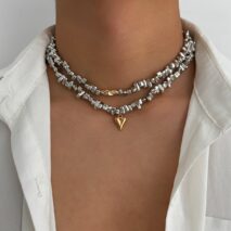 Chic Layered Two Tone Heart Charm Irregular Beaded Choker Necklace Set - ArtGalleryZen