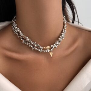 Chic Layered Two Tone Heart Charm Irregular Beaded Choker Necklace Set - ArtGalleryZen