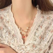 Chic Natural Stone Peach Pendant Pearl Chain Necklace - ArtGalleryZen