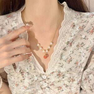 Chic Natural Stone Peach Pendant Pearl Chain Necklace - ArtGalleryZen