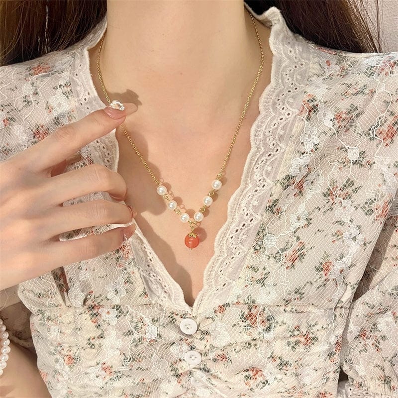 Chic Natural Stone Peach Pendant Pearl Chain Necklace - ArtGalleryZen