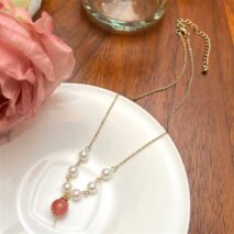 Chic Natural Stone Peach Pendant Pearl Chain Necklace - ArtGalleryZen