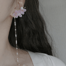 Chic Peach Blossom Flower Pearl Long Chain Ear Clip Earring - ArtGalleryZen
