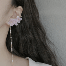 Chic Peach Blossom Flower Pearl Long Chain Ear Clip Earring - ArtGalleryZen