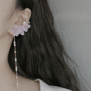 Chic Peach Blossom Flower Pearl Long Chain Ear Clip Earring - ArtGalleryZen