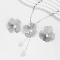 Chic Pearl Flower Pendant Herringbone Chain Necklace Earrings Set - ArtGalleryZen