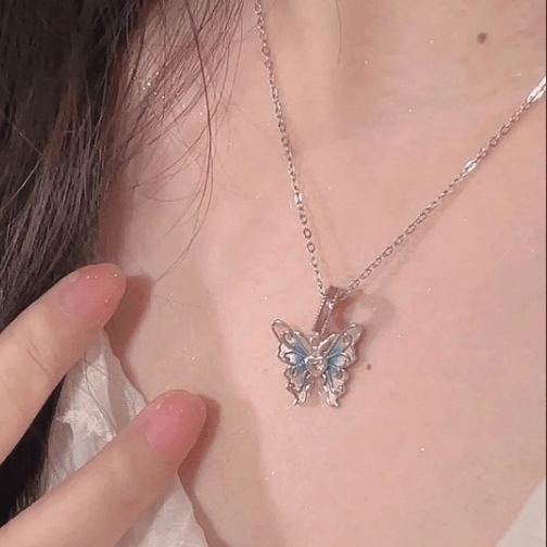 Chic Pink Blue Gradient Enamel Butterfly Necklace - ArtGalleryZen