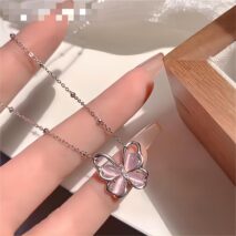 Chic Pink Cats Eye Stone Butterfly Necklace - ArtGalleryZen