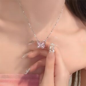 Chic Pink Cats Eye Stone Butterfly Necklace - ArtGalleryZen